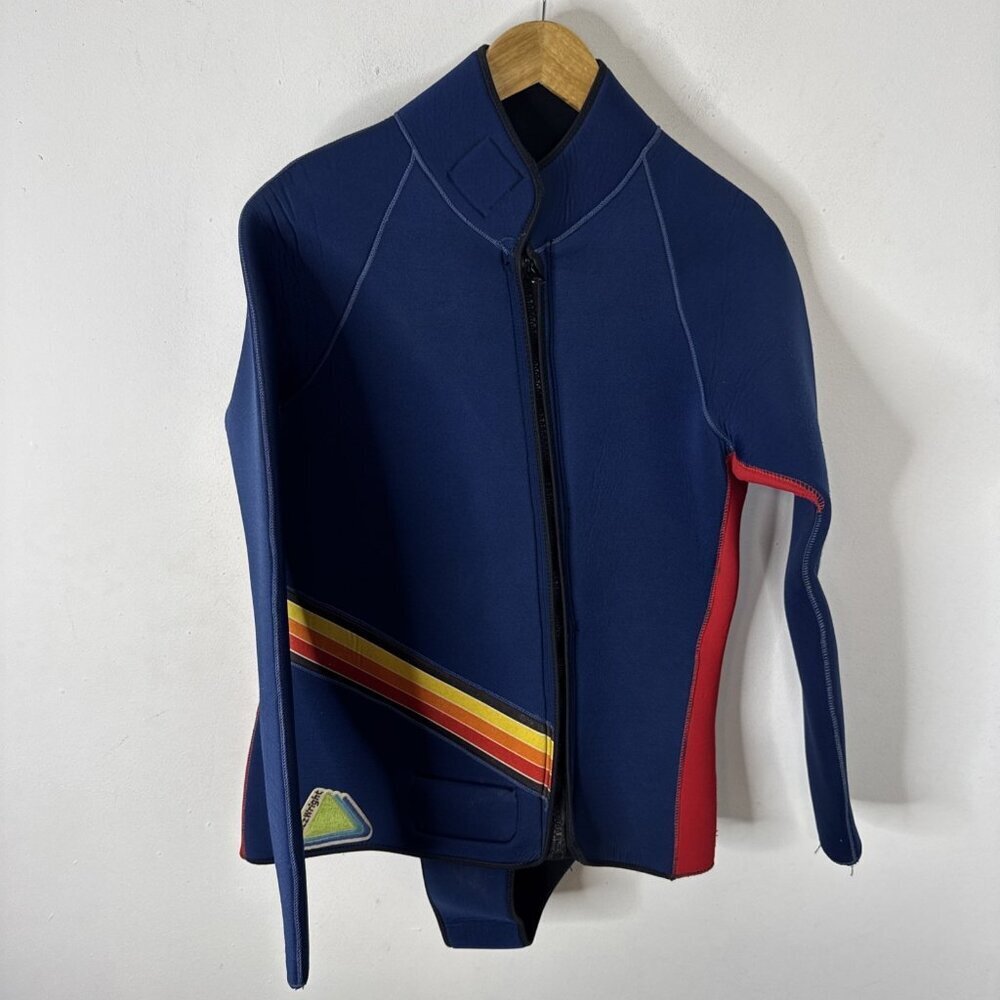 Vintage FitzWright Wetsuit Men’s S Blue Rainbow Stripe Retro 70s 80s Surf Diving